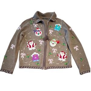 Reference Point New York Ugly Christmas Sweater Zip Up Cardigan M Snowman Santa